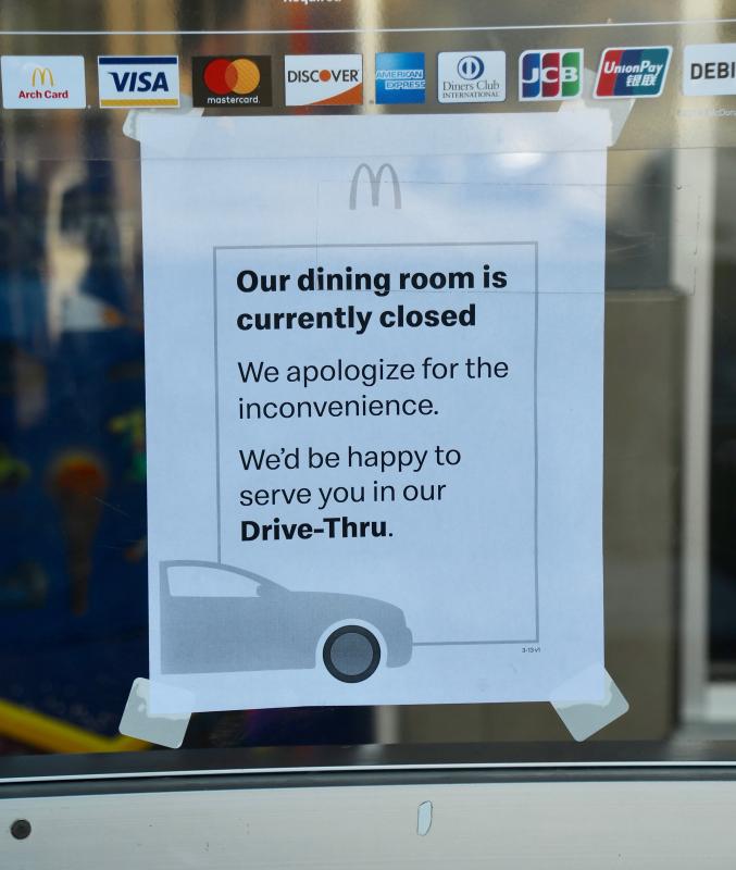 Like all other restaurants, McDonald’s on Route 1 near Rehoboth Beach has shut down inside service and only offers drive-thru service. RON MACARTHUR PHOTO